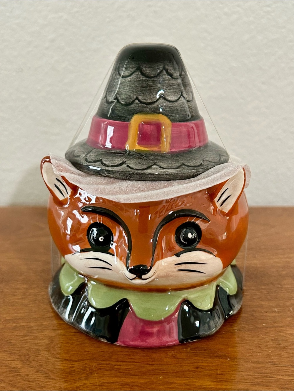 Johanna Parker Hand-Painted Orange Fox Ceramic Cannister with Gray Witch Hat